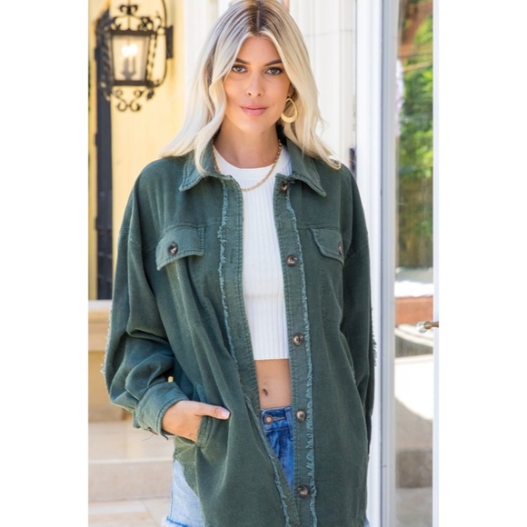 SOLD OUT Olive Green Corduroy Washed Shacket Oversized Relaxed Casual Jacket - Picture 2 of 4